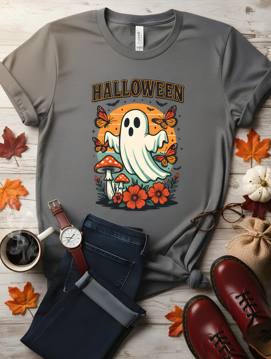 Cottagecore Ghost T-Shirt - Butterflies and Mushrooms Tee, Spooky Ghost Shirt, Whimsical Halloween Gift, Vintage Fall Season Apparel