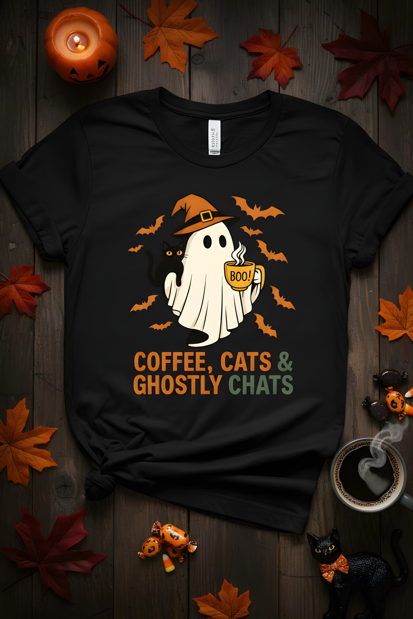 Ghost Cat Coffee T-Shirt - Spooky Cute Halloween Tee, Black Cat Shirt, Coffee Lover Gift, Cozy Fall Season Top, Vintage Cat Apparel