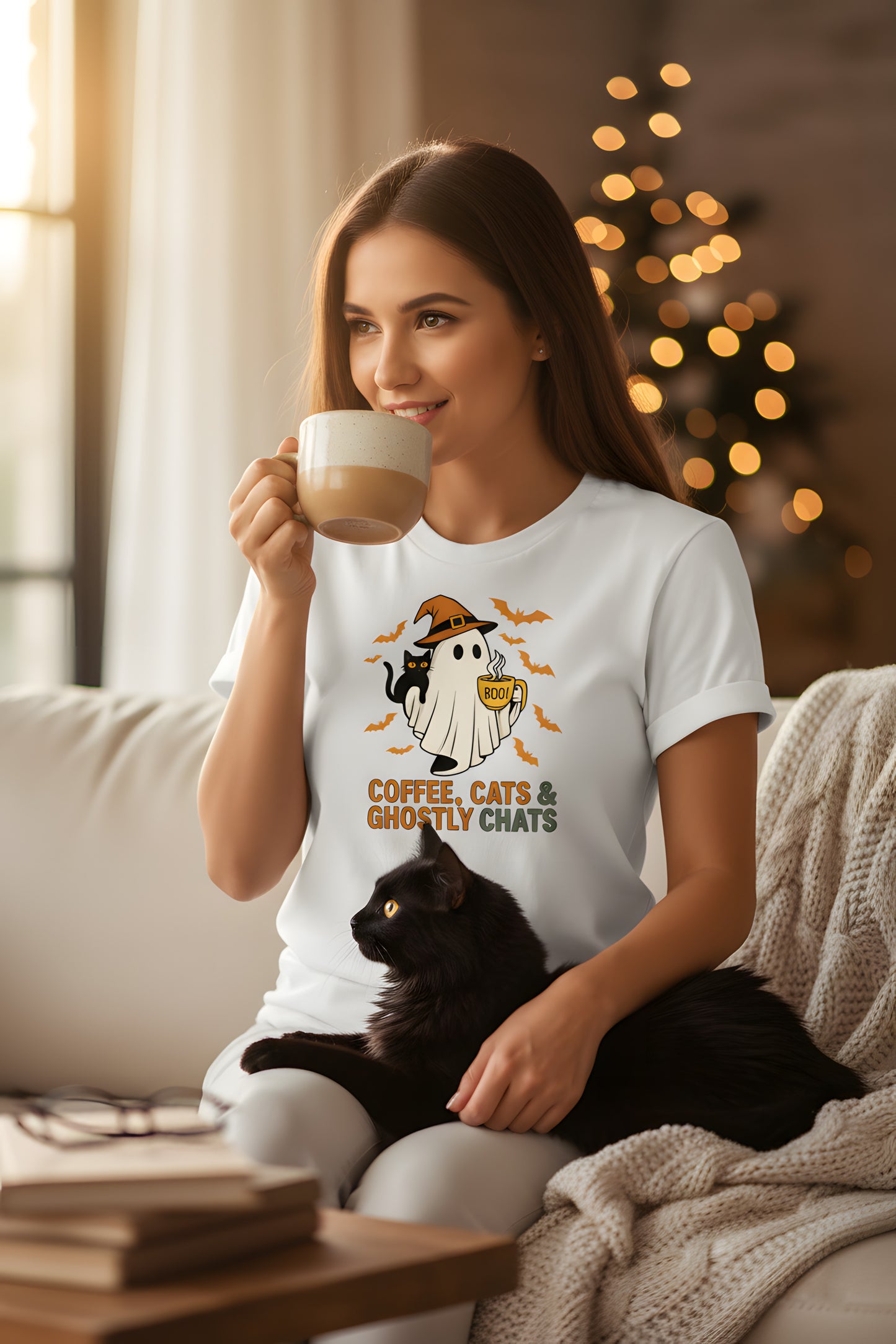 Ghost Cat Coffee T-Shirt - Spooky Cute Halloween Tee, Black Cat Shirt, Coffee Lover Gift, Cozy Fall Season Top, Vintage Cat Apparel