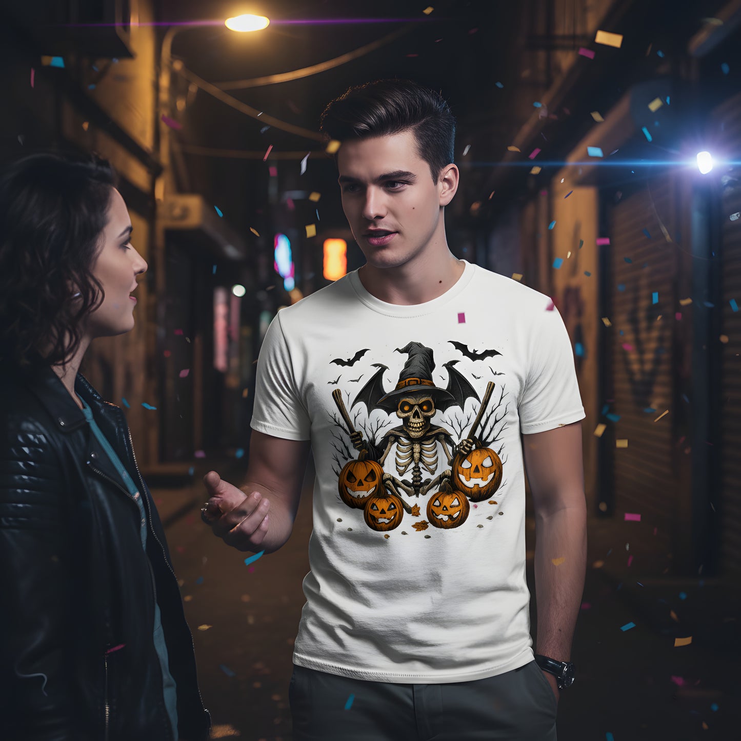 Skeleton Bat Wings T-Shirt - Witch Hat Jack O Lantern Tee, Spooky Halloween Shirt, Gothic Skeleton Gift, Vintage Dark Fall Apparel