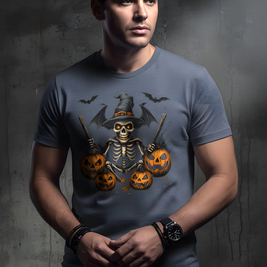 Skeleton Bat Wings T-Shirt - Witch Hat Jack O Lantern Tee, Spooky Halloween Shirt, Gothic Skeleton Gift, Vintage Dark Fall Apparel