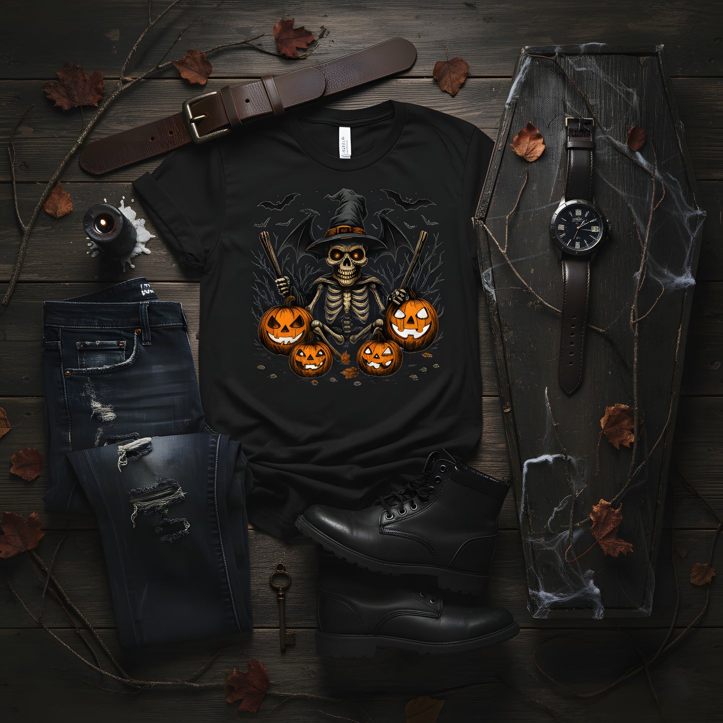 Skeleton Bat Wings T-Shirt - Witch Hat Jack O Lantern Tee, Spooky Halloween Shirt, Gothic Skeleton Gift, Vintage Dark Fall Apparel