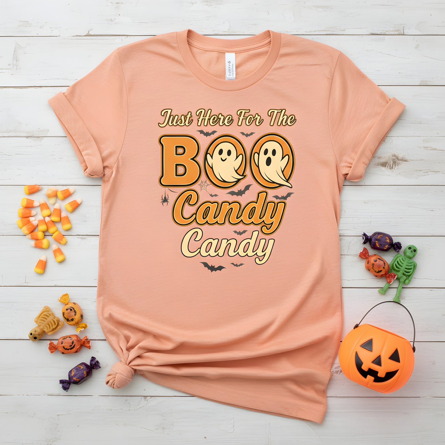 Just Here For The Boo Candy T-Shirt - Funny Ghost Halloween Tee, Trick or Treat Shirt, Spooky Cute Gift, Retro Fall Season Apparel