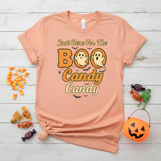 Just Here For The Boo Candy T-Shirt - Funny Ghost Halloween Tee, Trick or Treat Shirt, Spooky Cute Gift, Retro Fall Season Apparel