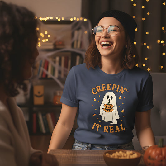 Creepin It Real T-Shirt - Cute Ghost Halloween Shirt, Retro Spooky Season Tee, Funny Ghost Gift, Aesthetic Fall Outfit Apparel