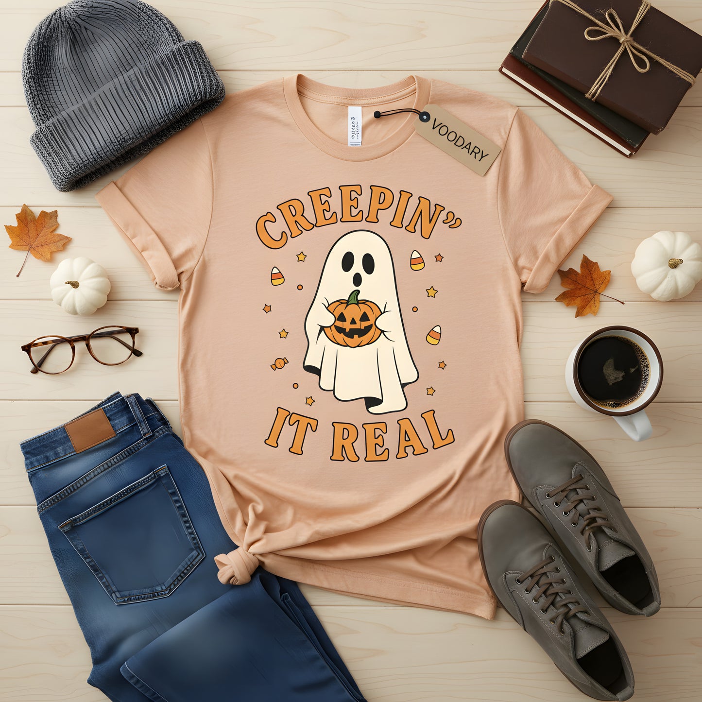 Creepin It Real T-Shirt - Cute Ghost Halloween Shirt, Retro Spooky Season Tee, Funny Ghost Gift, Aesthetic Fall Outfit Apparel