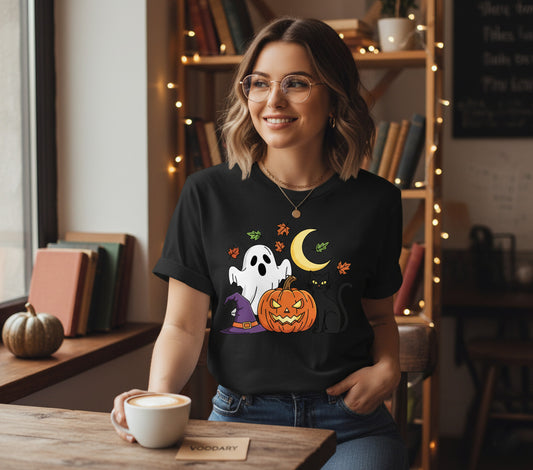 Cute Ghost Cat T-Shirt - Halloween Pumpkin Witch Hat Tee, Spooky Black Cat Shirt, Kawaii Ghost Kitty Gift, Cozy Fall Season Apparel