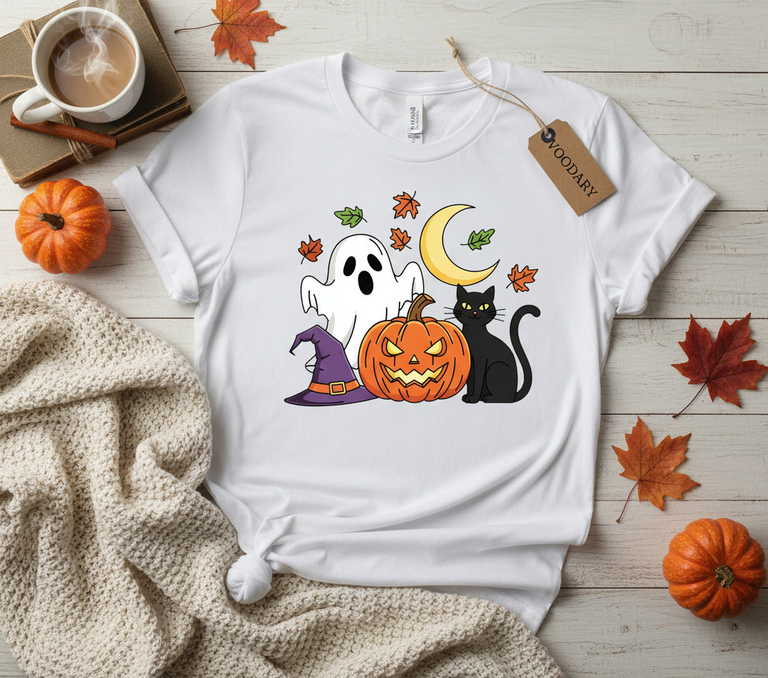 Cute Ghost Cat T-Shirt - Halloween Pumpkin Witch Hat Tee, Spooky Black Cat Shirt, Kawaii Ghost Kitty Gift, Cozy Fall Season Apparel