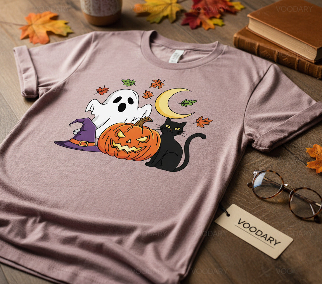 Cute Ghost Cat T-Shirt - Halloween Pumpkin Witch Hat Tee, Spooky Black Cat Shirt, Kawaii Ghost Kitty Gift, Cozy Fall Season Apparel