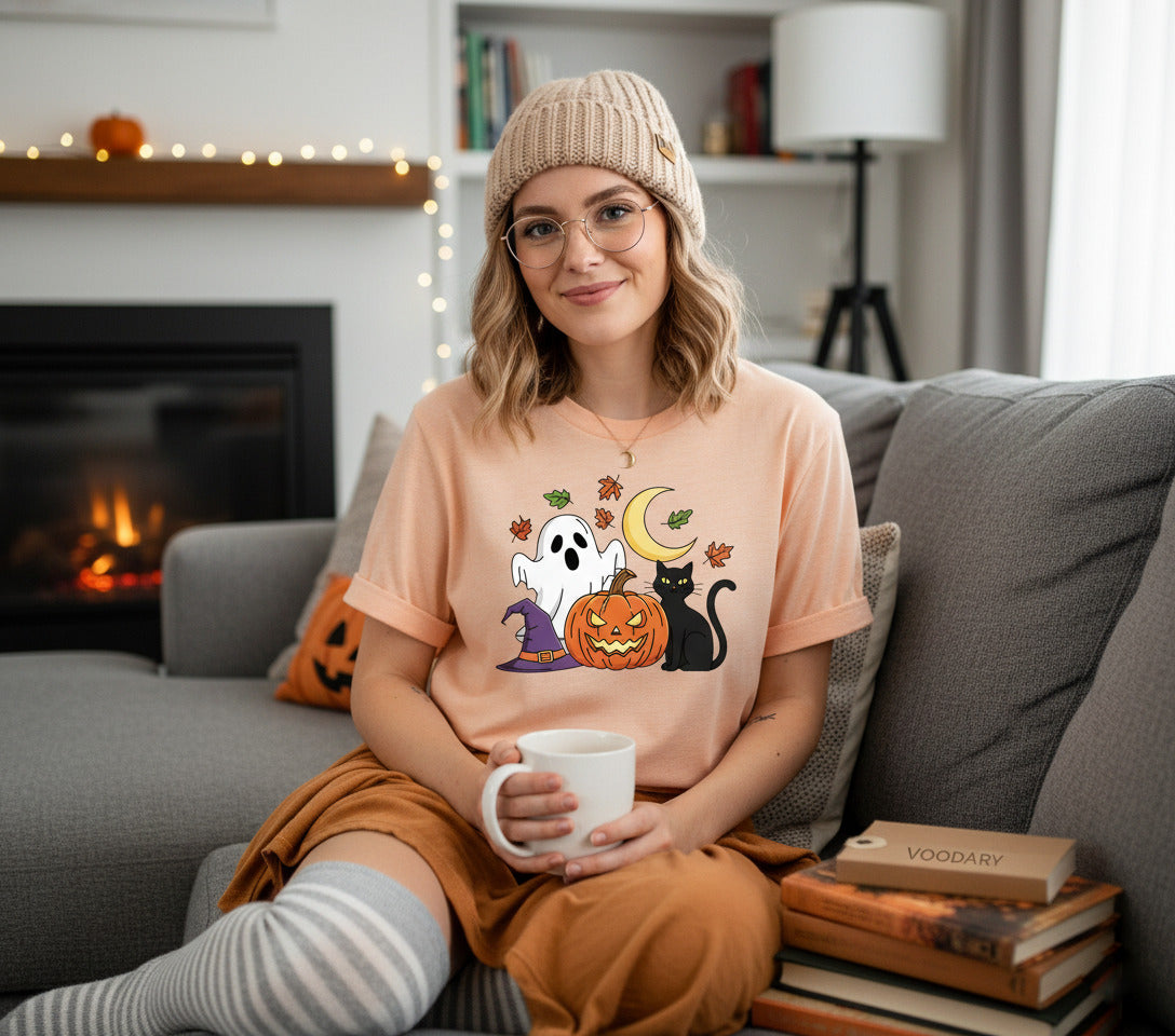 Cute Ghost Cat T-Shirt - Halloween Pumpkin Witch Hat Tee, Spooky Black Cat Shirt, Kawaii Ghost Kitty Gift, Cozy Fall Season Apparel