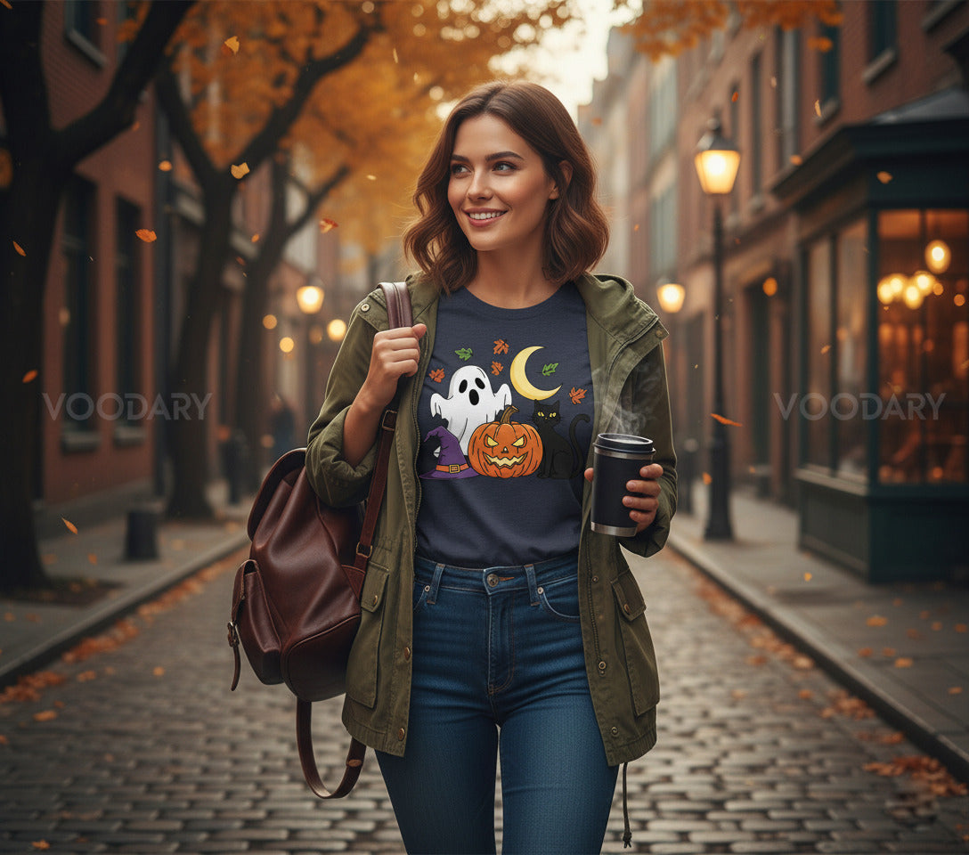 Cute Ghost Cat T-Shirt - Halloween Pumpkin Witch Hat Tee, Spooky Black Cat Shirt, Kawaii Ghost Kitty Gift, Cozy Fall Season Apparel