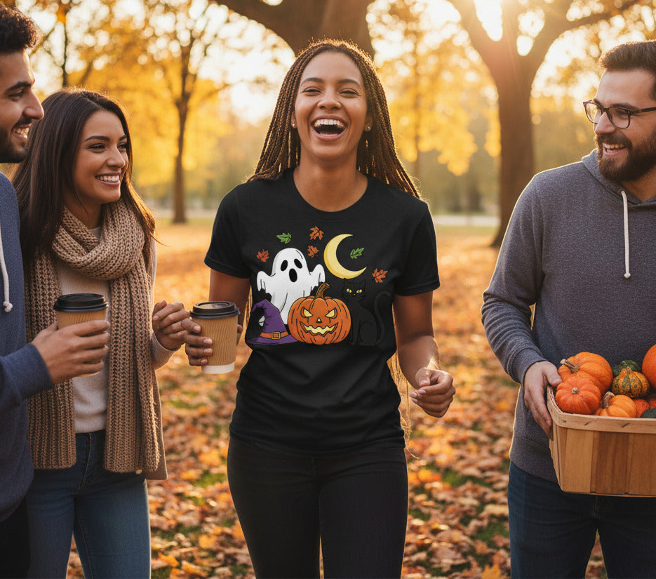 Cute Ghost Cat T-Shirt - Halloween Pumpkin Witch Hat Tee, Spooky Black Cat Shirt, Kawaii Ghost Kitty Gift, Cozy Fall Season Apparel