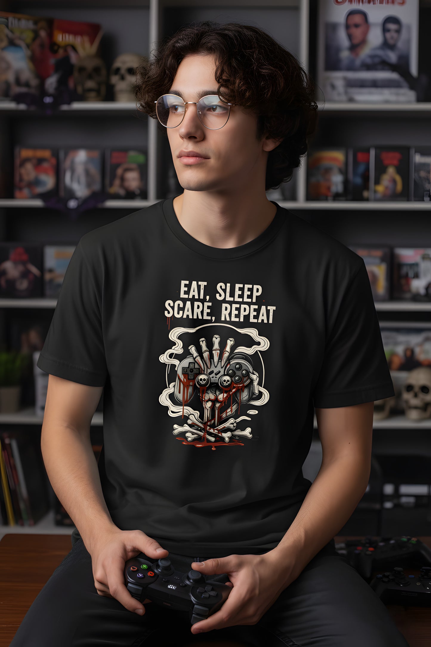 Eat Sleep Scare Repeat T-Shirt  Halloween Gamer Tee, Funny Gaming Shirt, Spooky Video Game Gift, Fall Gaming Apparel