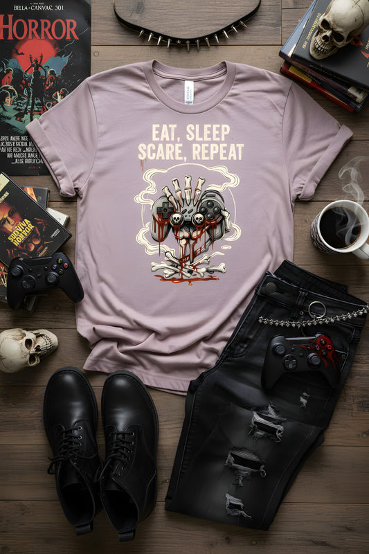 Eat Sleep Scare Repeat T-Shirt  Halloween Gamer Tee, Funny Gaming Shirt, Spooky Video Game Gift, Fall Gaming Apparel