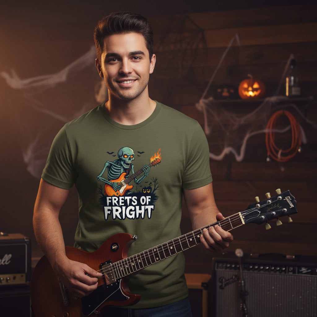 Frets of Fright T-Shirt, Skeleton Guitar Halloween Tee, Flaming Skull Rock Shirt, Heavy Metal Gift, Spooky Music Apparel