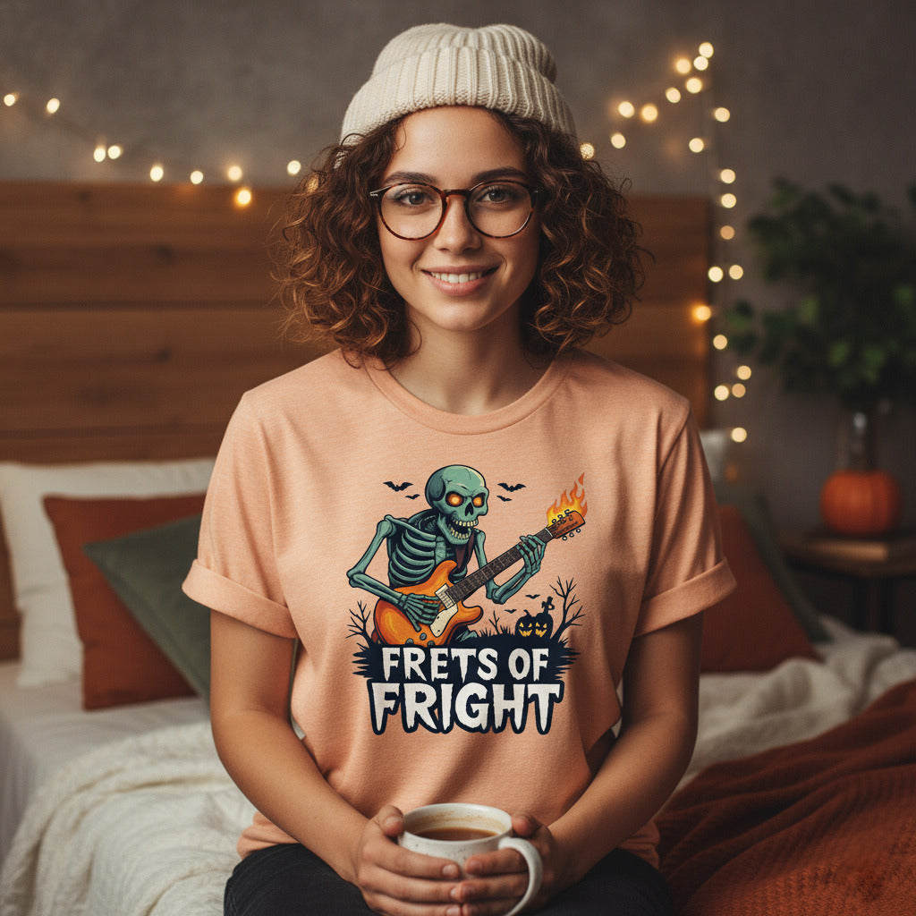 Frets of Fright T-Shirt, Skeleton Guitar Halloween Tee, Flaming Skull Rock Shirt, Heavy Metal Gift, Spooky Music Apparel
