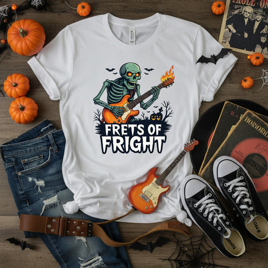 Frets of Fright T-Shirt, Skeleton Guitar Halloween Tee, Flaming Skull Rock Shirt, Heavy Metal Gift, Spooky Music Apparel