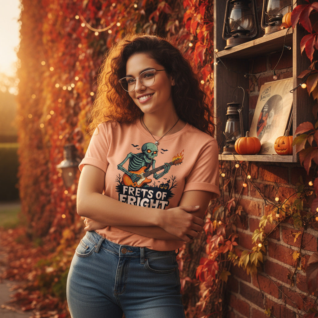 Frets of Fright T-Shirt, Skeleton Guitar Halloween Tee, Flaming Skull Rock Shirt, Heavy Metal Gift, Spooky Music Apparel