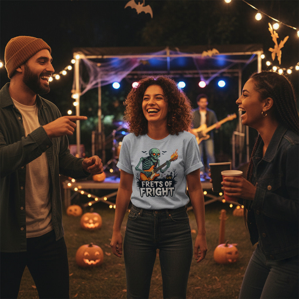 Frets of Fright T-Shirt, Skeleton Guitar Halloween Tee, Flaming Skull Rock Shirt, Heavy Metal Gift, Spooky Music Apparel