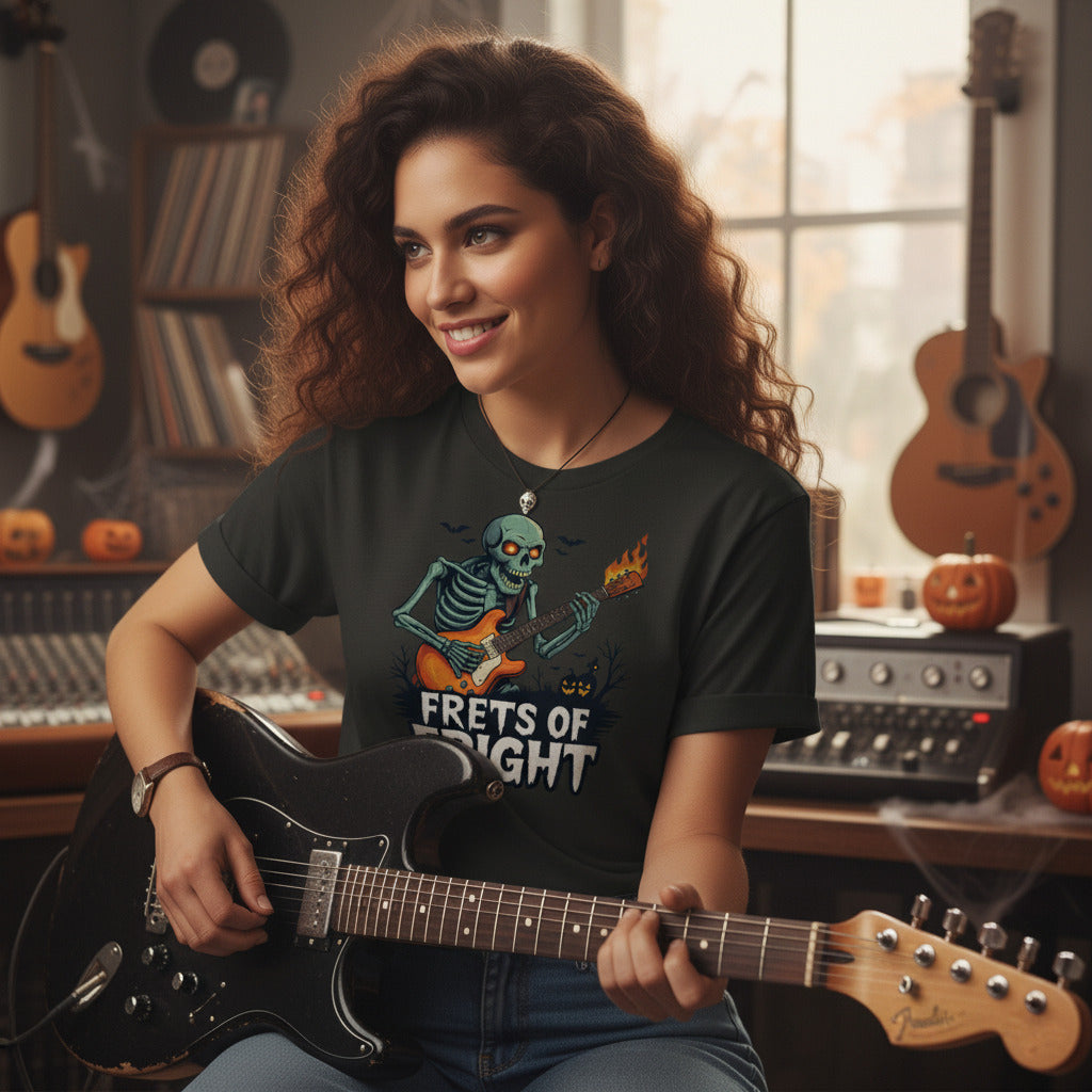 Frets of Fright T-Shirt, Skeleton Guitar Halloween Tee, Flaming Skull Rock Shirt, Heavy Metal Gift, Spooky Music Apparel