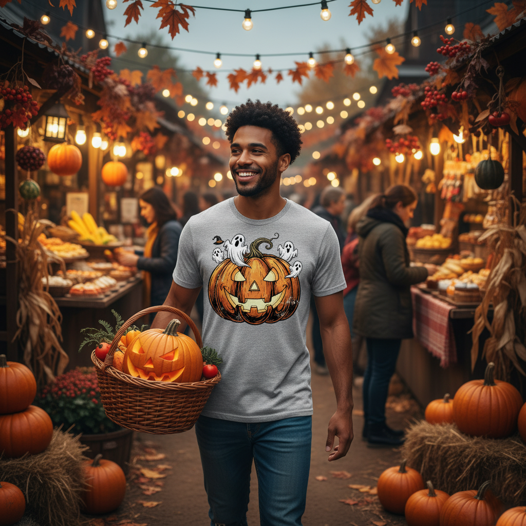 Halloween Ghost Pumpkin Tee, Spooky Shirt, Unisex Halloween T-Shirt, Party Outfit, Autumn Clothing, Fall Fashion